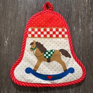 Vintage Christmas Pot Holder Rocking Horse Red White Polka Dot Potholder Kitchen